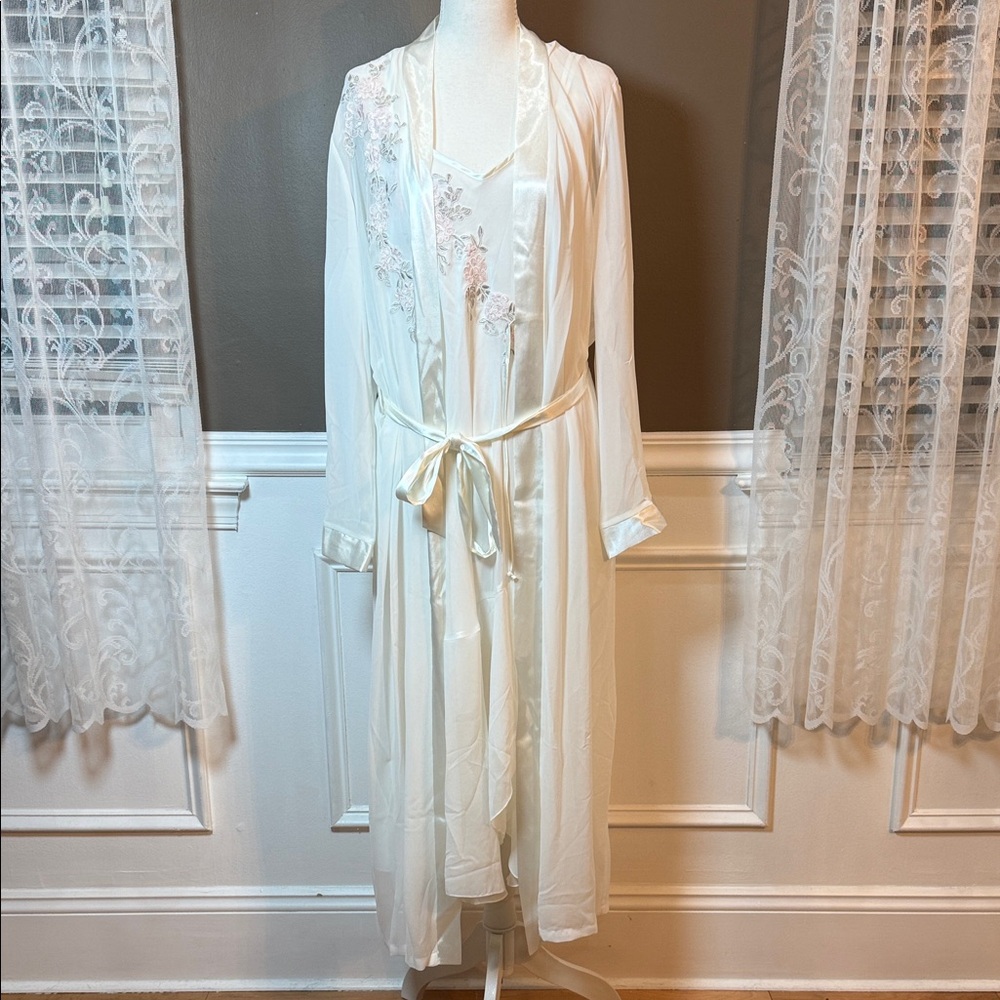 Linea Donatella Sheer Chiffon Robe & Slip Set Floral Bridal M/L